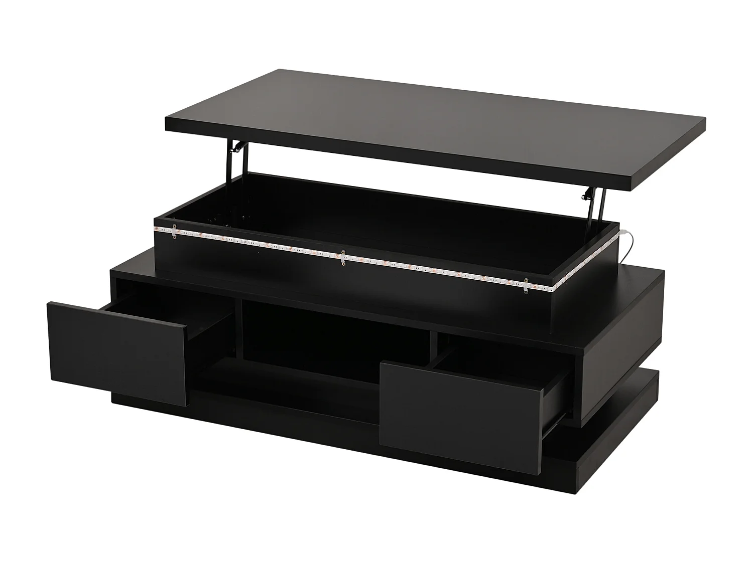 Höhenverstellbarer Couchtisch 100x50x40 cm - mit 2 Schubladen - LED-Beleuchtung - Hochglanzlackierung - Spanplatten - Schwarz