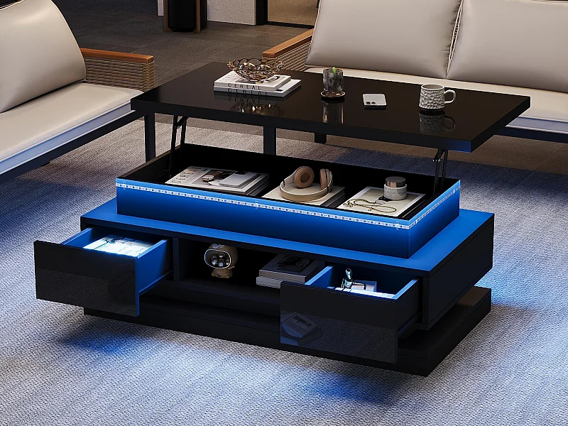 Höhenverstellbarer Couchtisch 100x50x40 cm - mit 2 Schubladen - LED-Beleuchtung - Hochglanzlackierung - Spanplatten - Schwarz