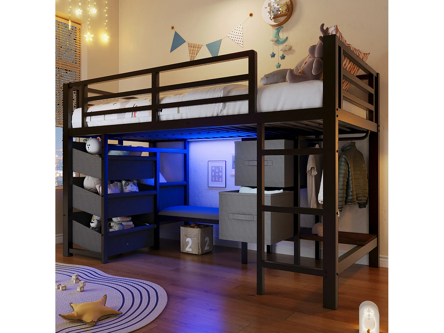 Lit mezzanine structure en métal - 90 x 200 cm - avec coussin d'assise + poche et tiroirs en tissu + Leds - Métal - noir