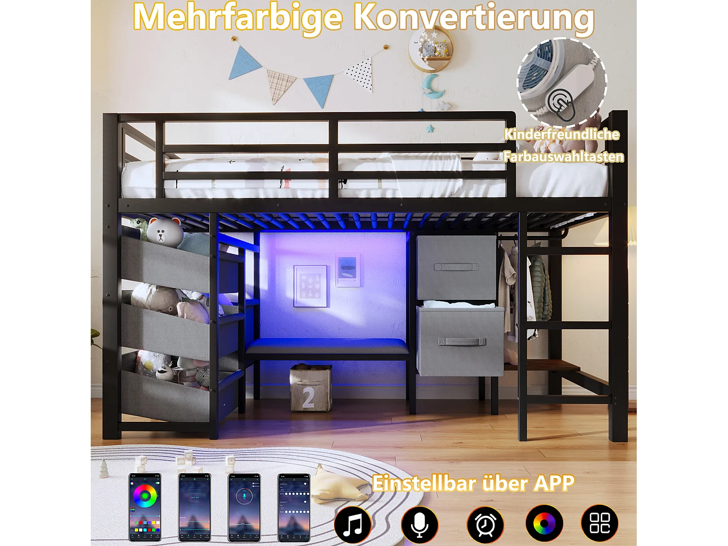 Lit mezzanine structure en métal - 90 x 200 cm - avec coussin d'assise + poche et tiroirs en tissu + Leds - Métal - noir