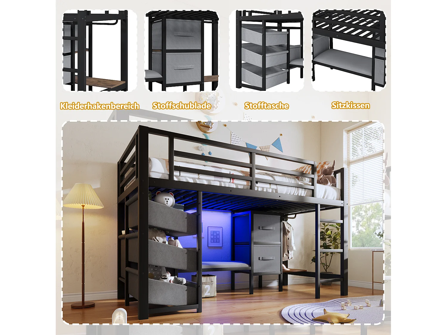 Lit mezzanine structure en métal - 90 x 200 cm - avec coussin d'assise + poche et tiroirs en tissu + Leds - Métal - noir