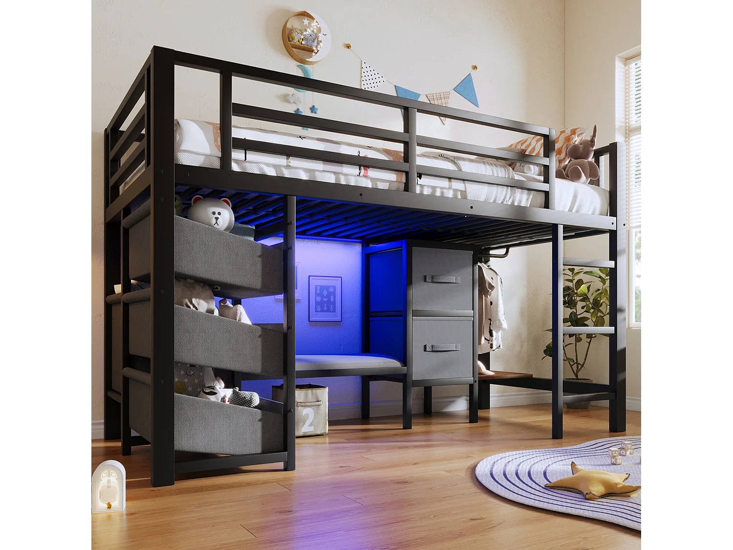 Lit mezzanine structure en métal - 90 x 200 cm - avec coussin d'assise + poche et tiroirs en tissu + Leds - Métal - noir