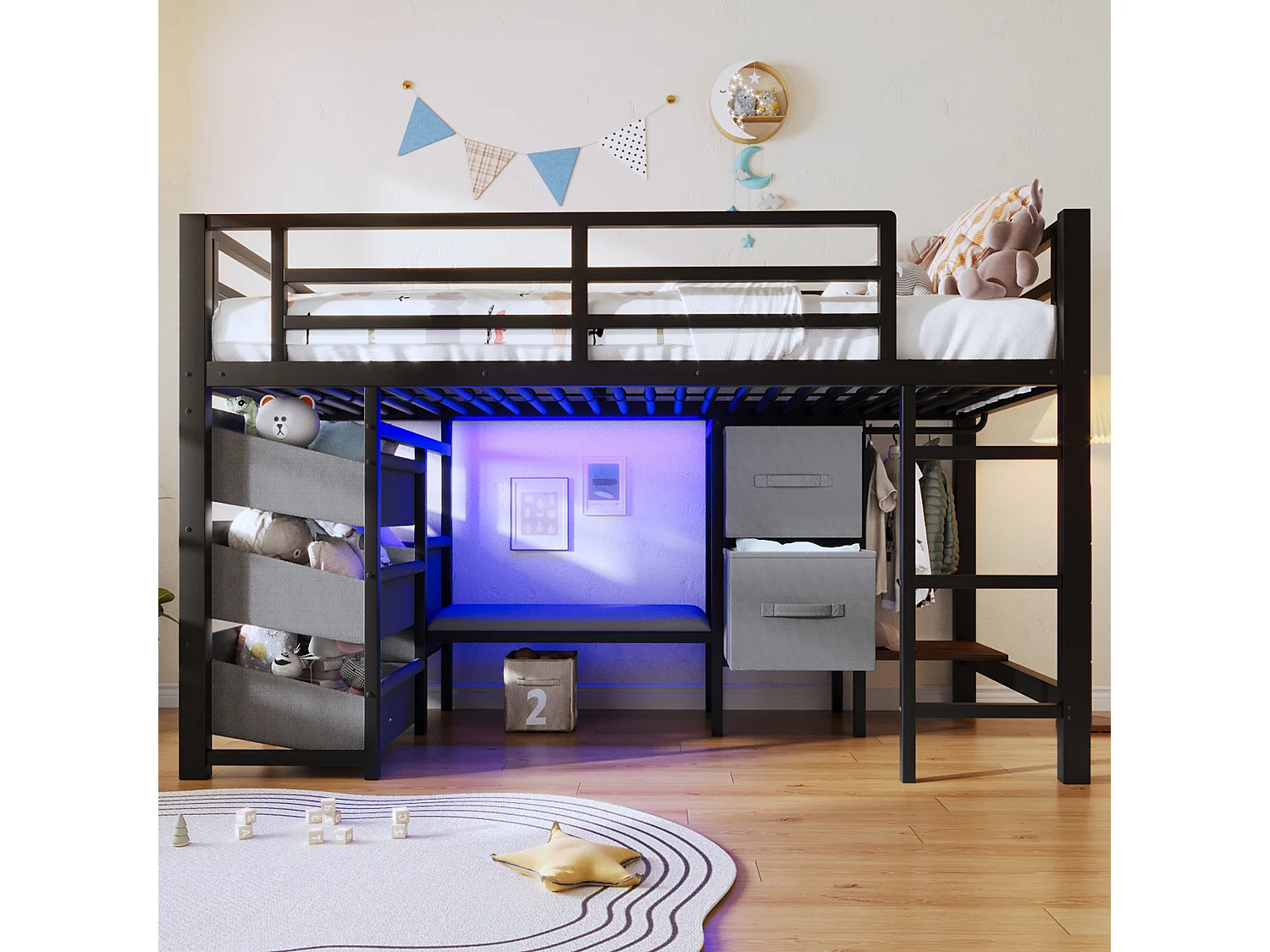 Lit mezzanine structure en métal - 90 x 200 cm - avec coussin d'assise + poche et tiroirs en tissu + Leds - Métal - noir