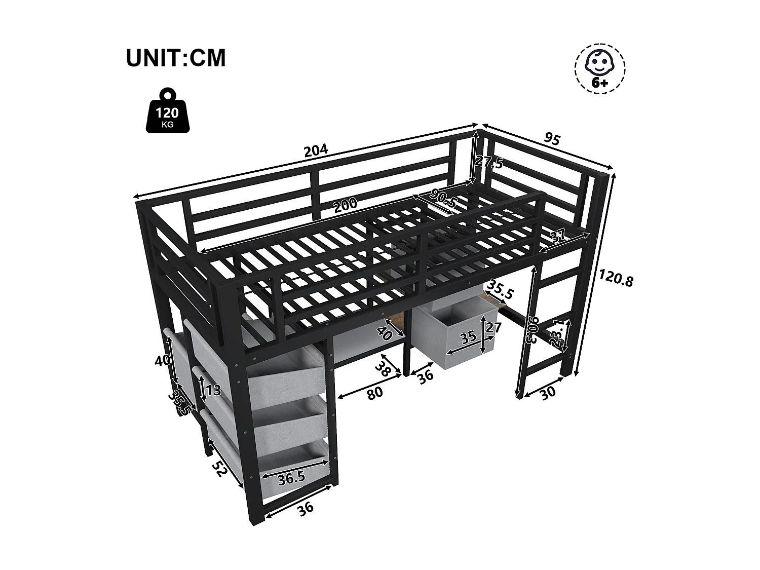 Lit mezzanine structure en métal - 90 x 200 cm - avec coussin d'assise + poche et tiroirs en tissu + Leds - Métal - noir