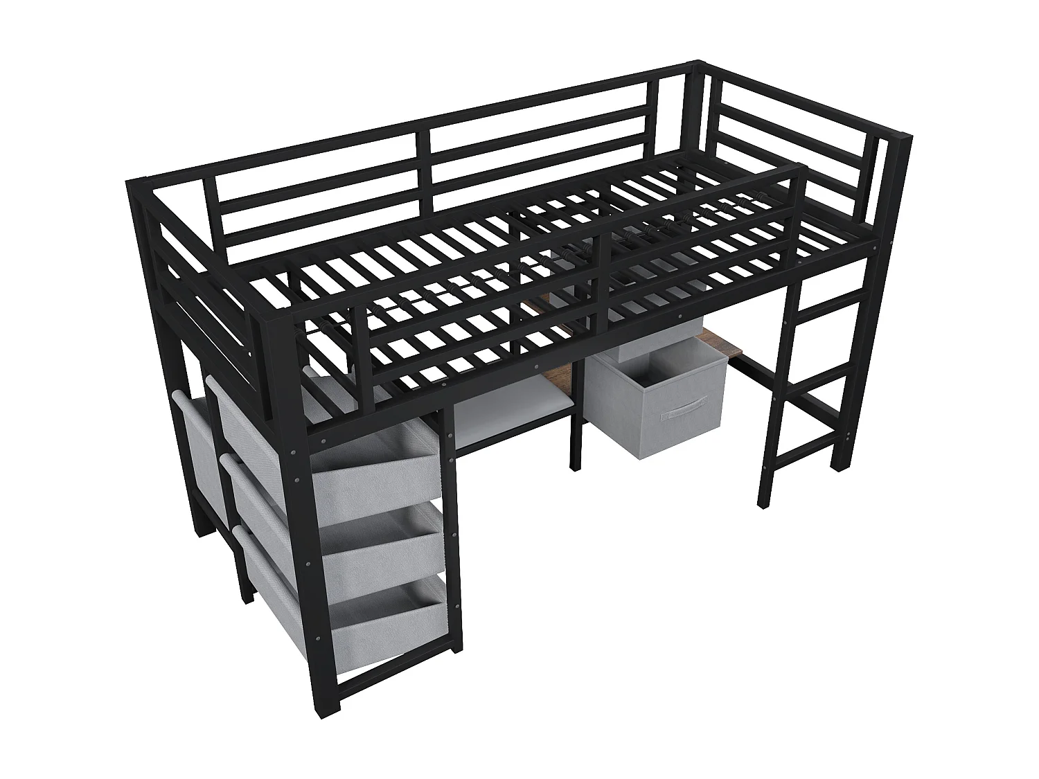 Lit mezzanine structure en métal - 90 x 200 cm - avec coussin d'assise + poche et tiroirs en tissu + Leds - Métal - noir