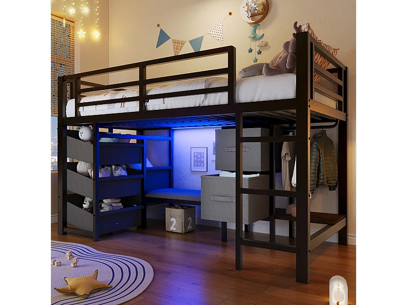 Lit mezzanine structure en métal - 90 x 200 cm - avec coussin d'assise + poche et tiroirs en tissu + Leds - Métal - noir