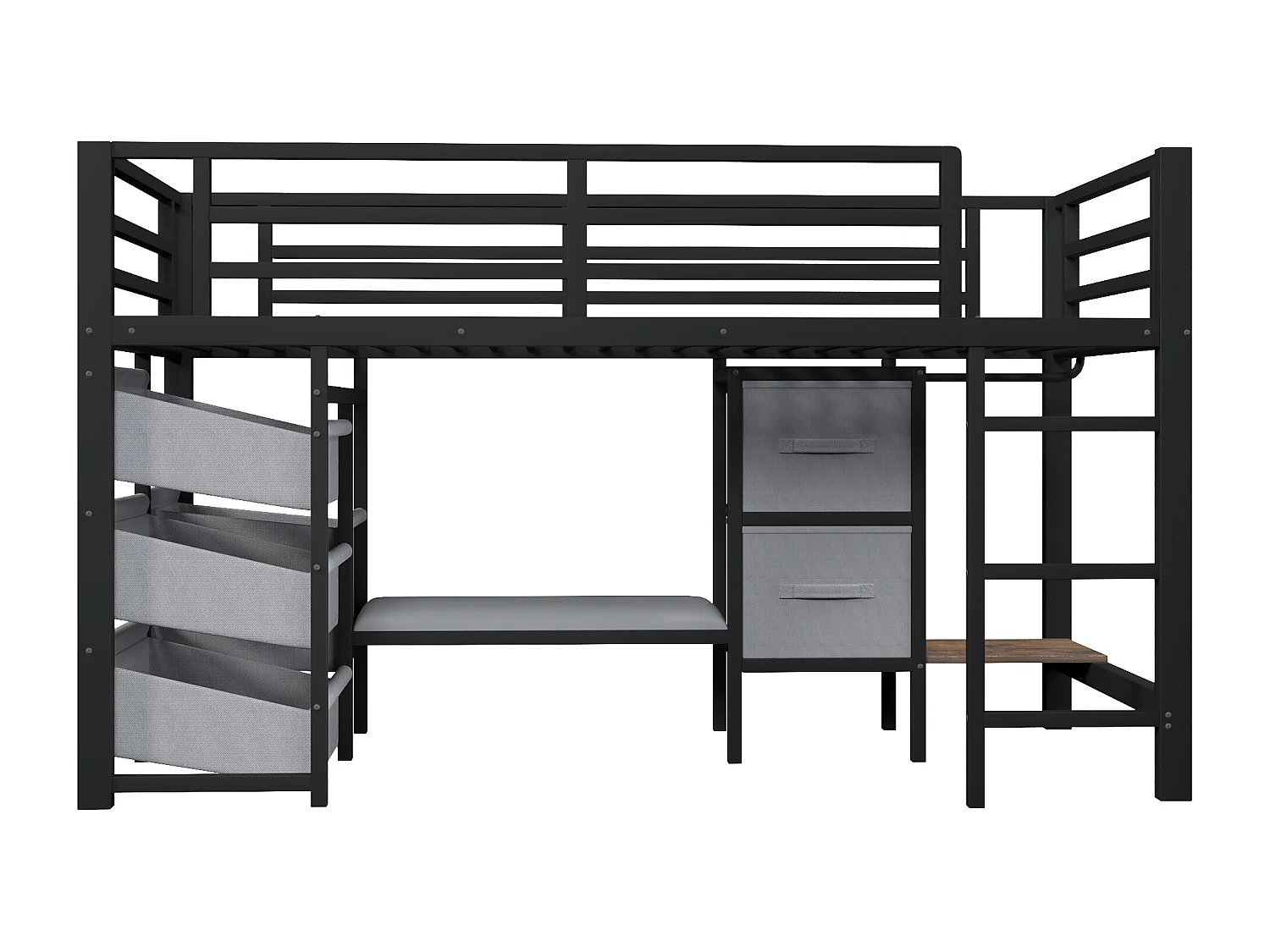 Lit mezzanine 90x200cm - avec 2 tiroirs - avec poches de rangement en tissu - avec lumière LED - noir (matelas non inclus)