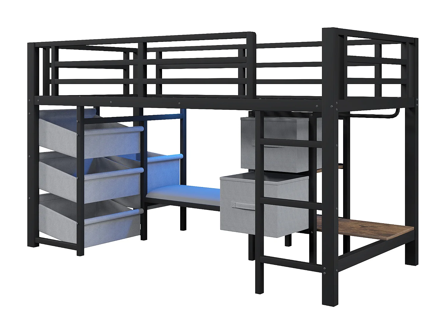 Lit mezzanine 90x200cm - avec 2 tiroirs - avec poches de rangement en tissu - avec lumière LED - noir (matelas non inclus)