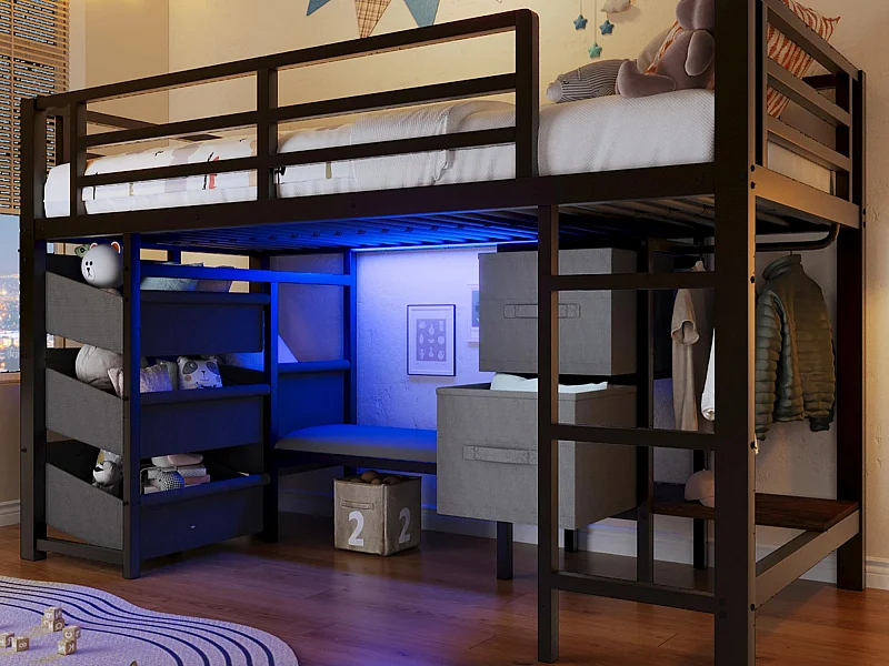 Hochbett 90x200cm - mit 2 Schubladen - mit Stoff-Staufächern - mit LED-Licht - schwarz​ (Matratze nicht inbegriffen)