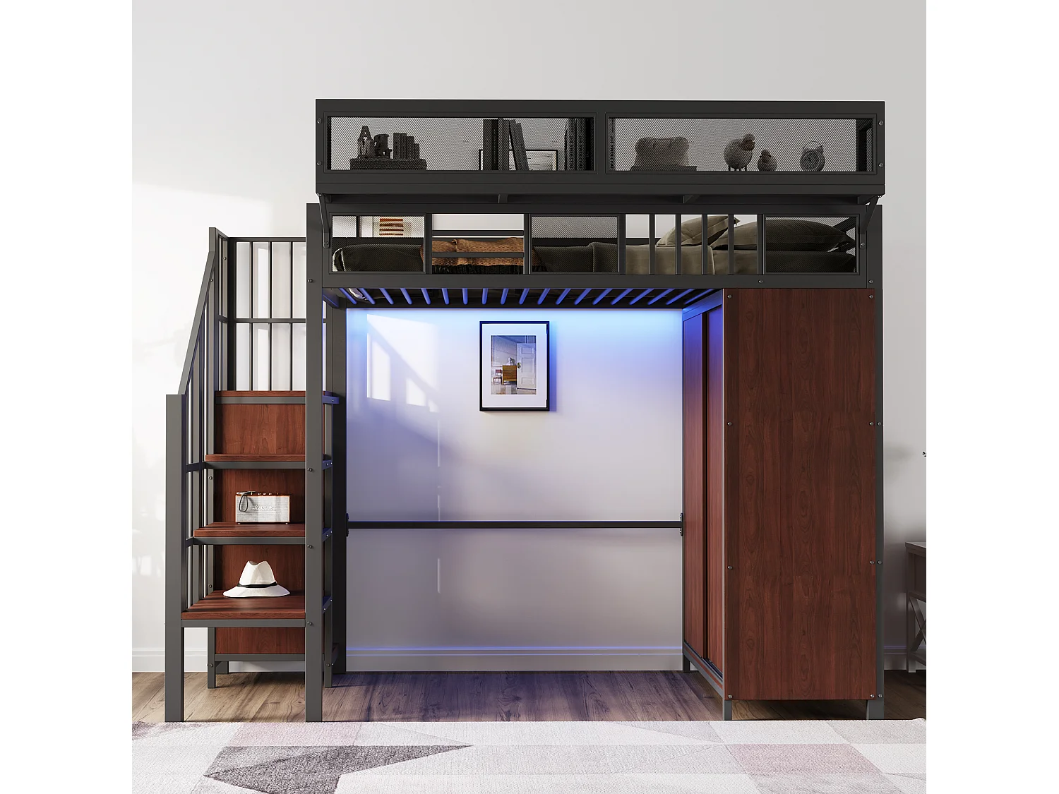 Letto a soppalco in metallo 90 x 200 cm - Con armadio, illuminazione a LED e sponde in rete - Nero e legno scuro