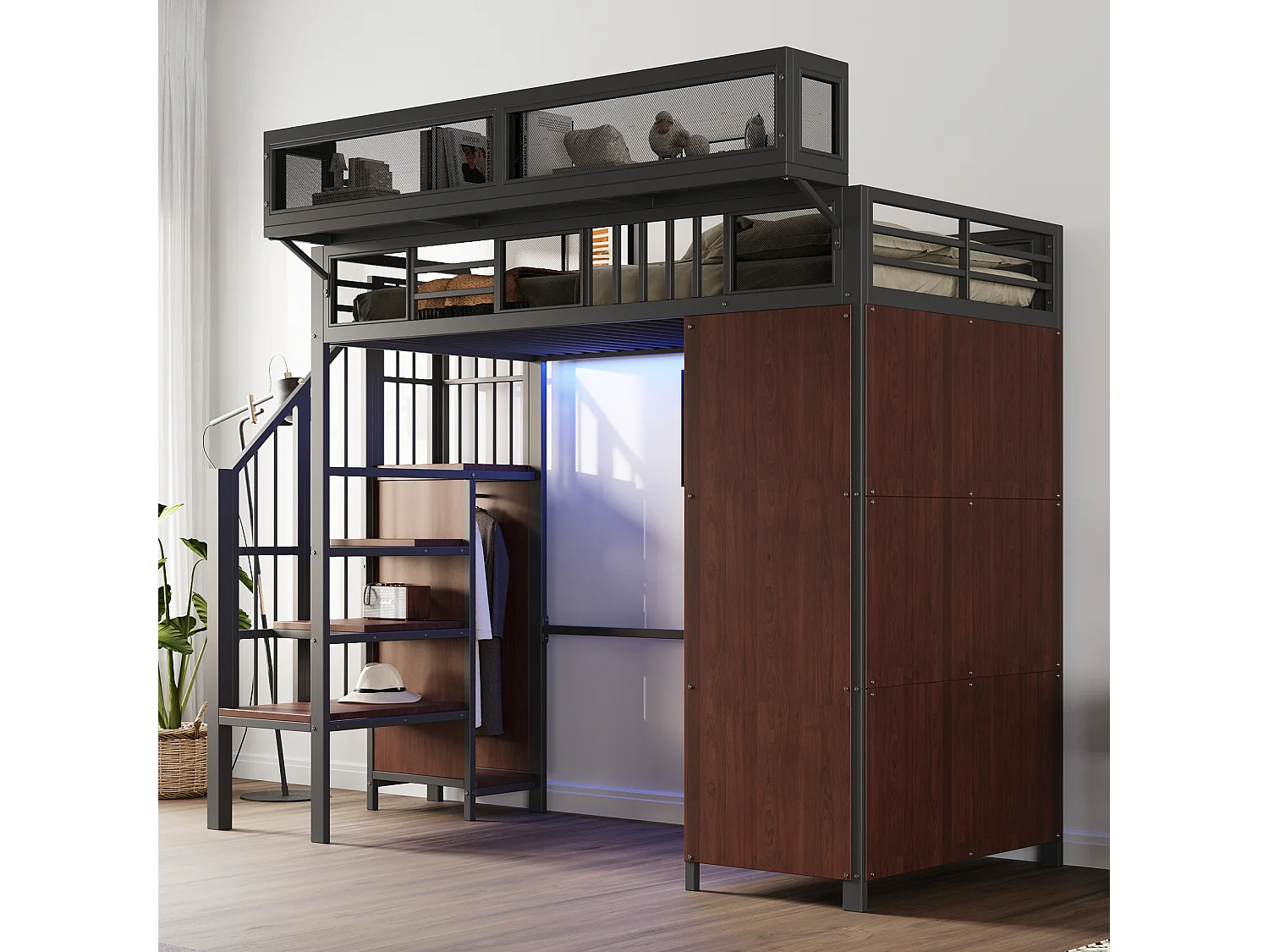 Letto a soppalco in metallo 90 x 200 cm - Con armadio, illuminazione a LED e sponde in rete - Nero e legno scuro