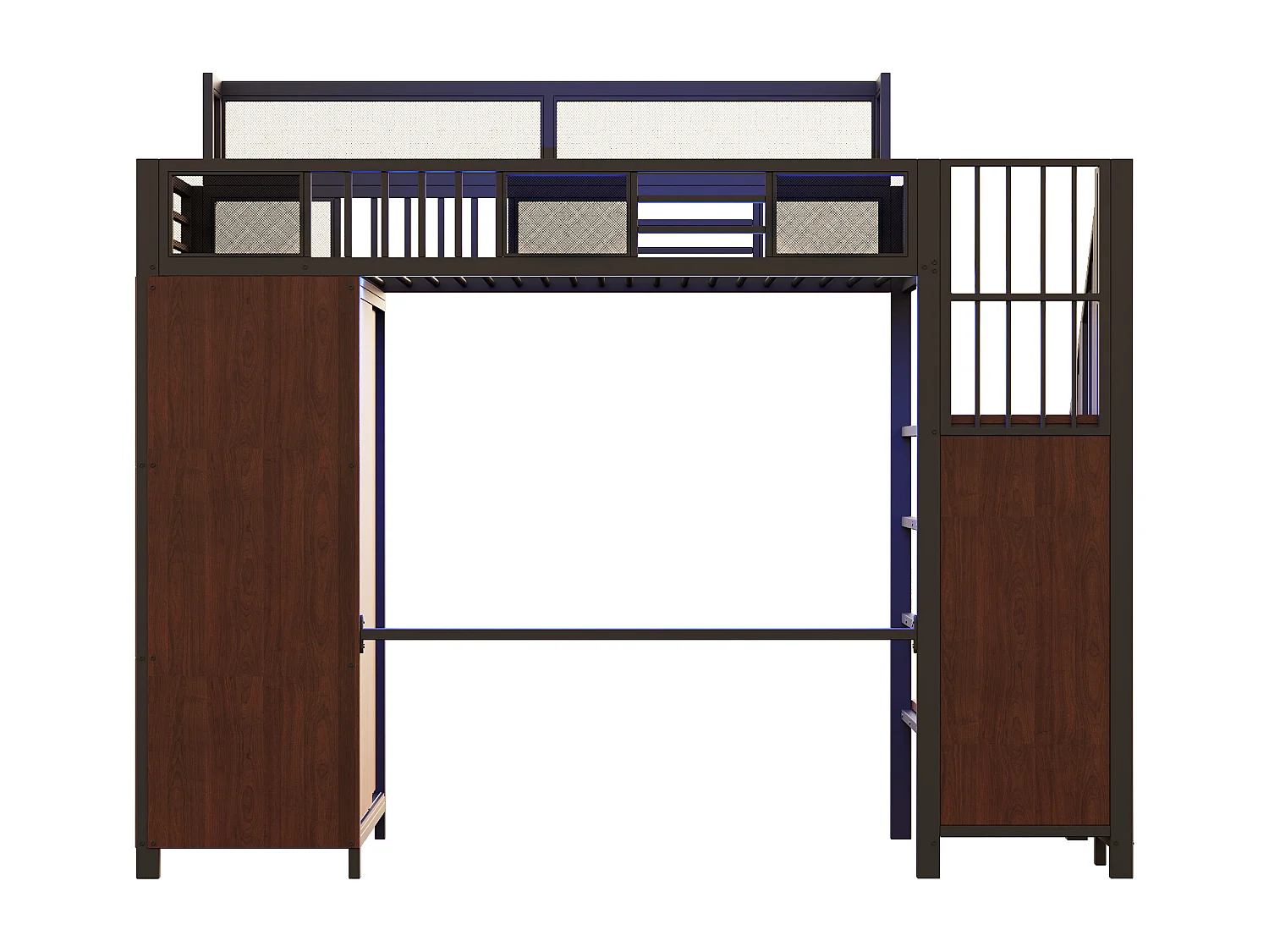 Letto a soppalco in metallo 90 x 200 cm - Con armadio, illuminazione a LED e sponde in rete - Nero e legno scuro