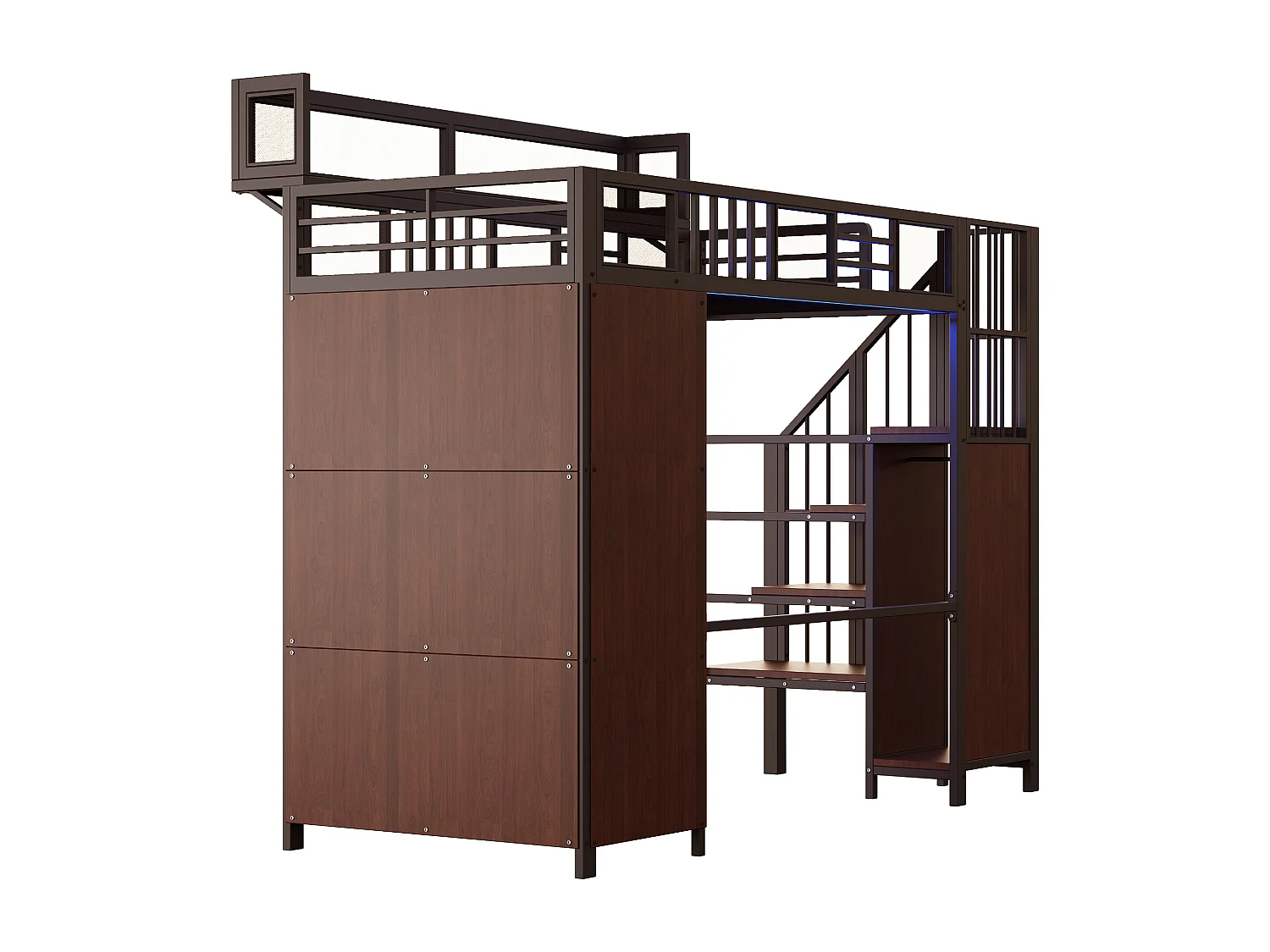 Letto a soppalco in metallo 90 x 200 cm - Con armadio, illuminazione a LED e sponde in rete - Nero e legno scuro