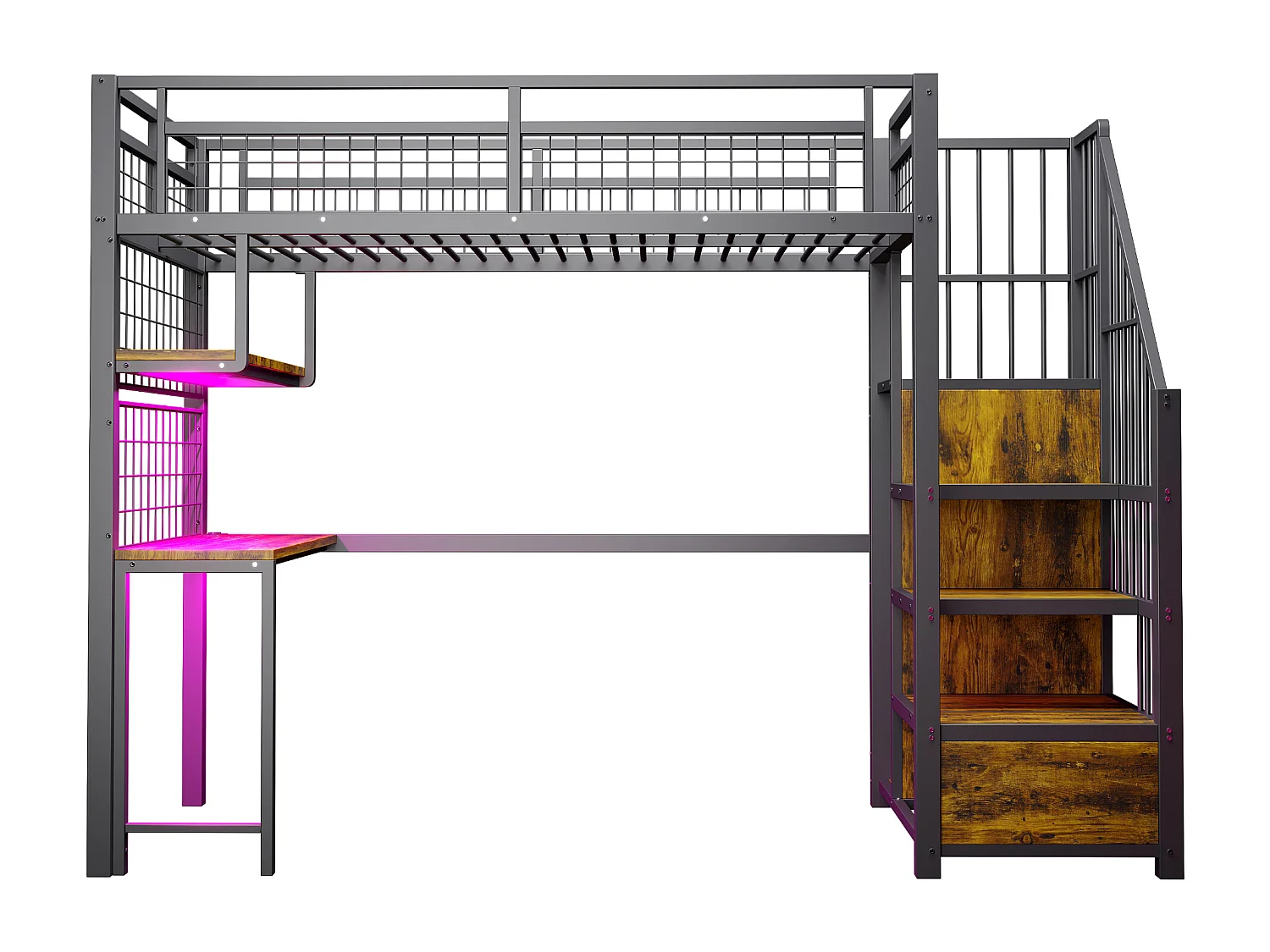 Lit mezzanine 90 x 200 cm avec prise, penderie , étagères et bureau - Lit en métal et bois - Noir et naturel foncé