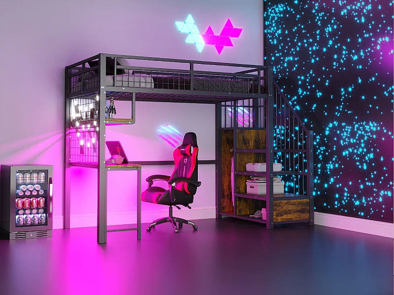 Lit mezzanine 90 x 200 cm avec prise, penderie , étagères et bureau - Lit en métal et bois - Noir et naturel foncé