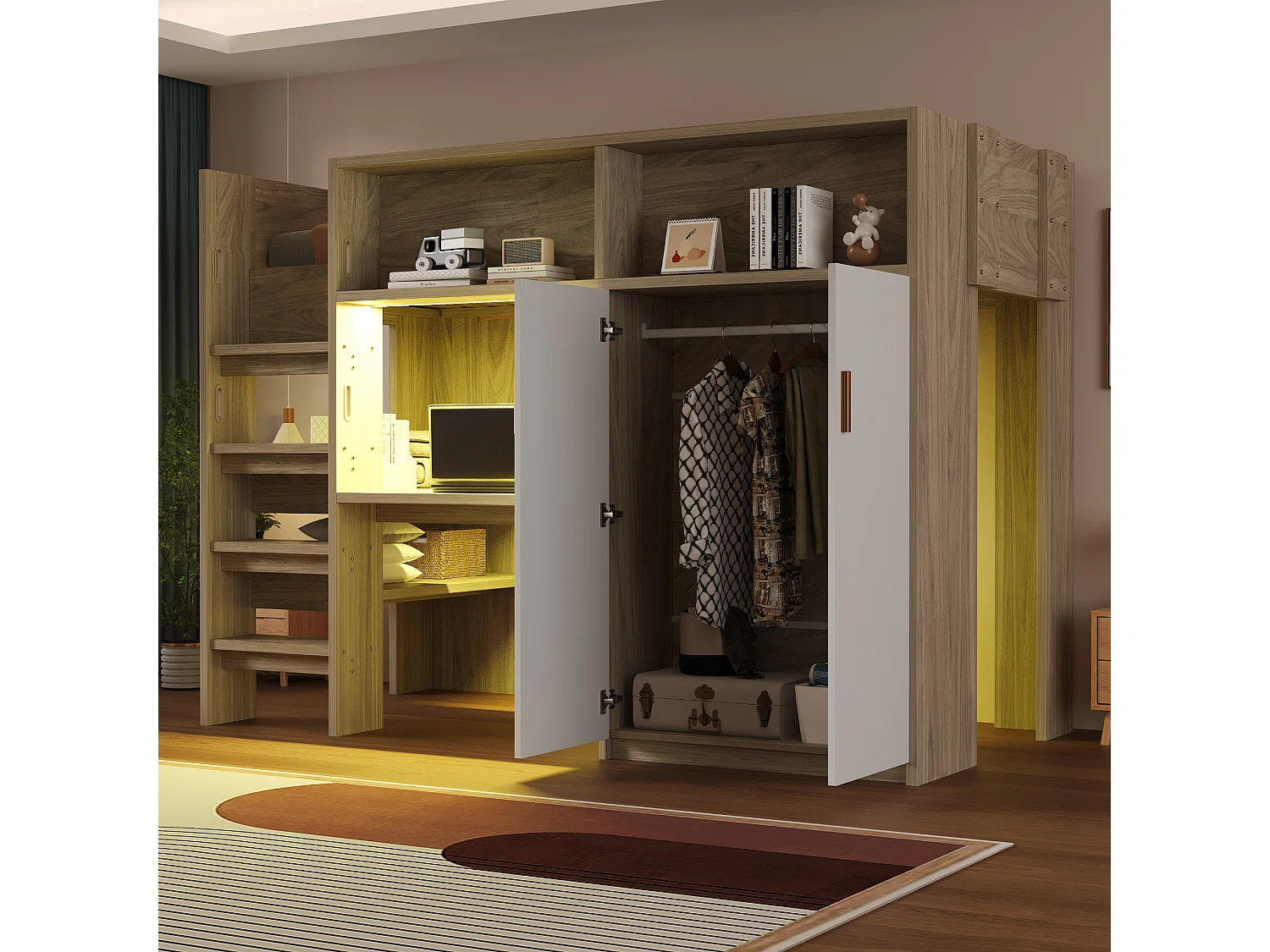 Hochbett 90 x 200 cm - mit einem Schreibtisch und einem Schrank - mit Regalen - mit LED-Beleuchtung - natur​ (Matratze nicht inbegriffen)