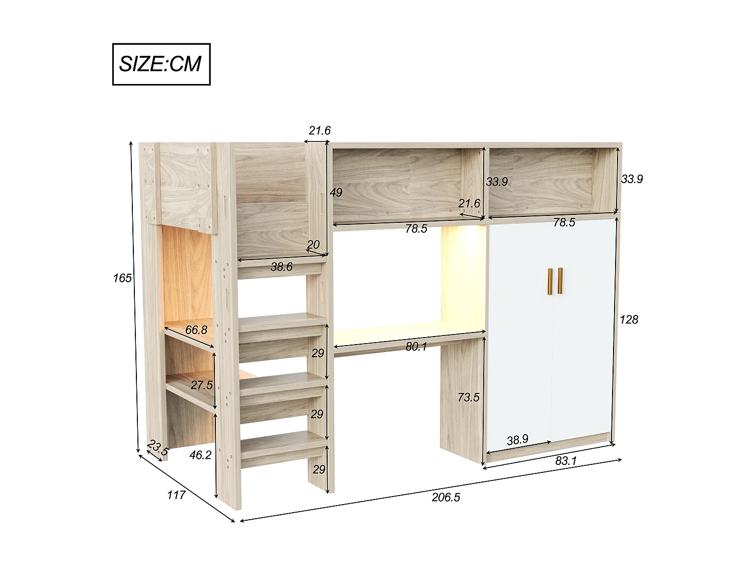 Hochbett 90 x 200 cm - mit einem Schreibtisch und einem Schrank - mit Regalen - mit LED-Beleuchtung - natur​ (Matratze nicht inbegriffen)
