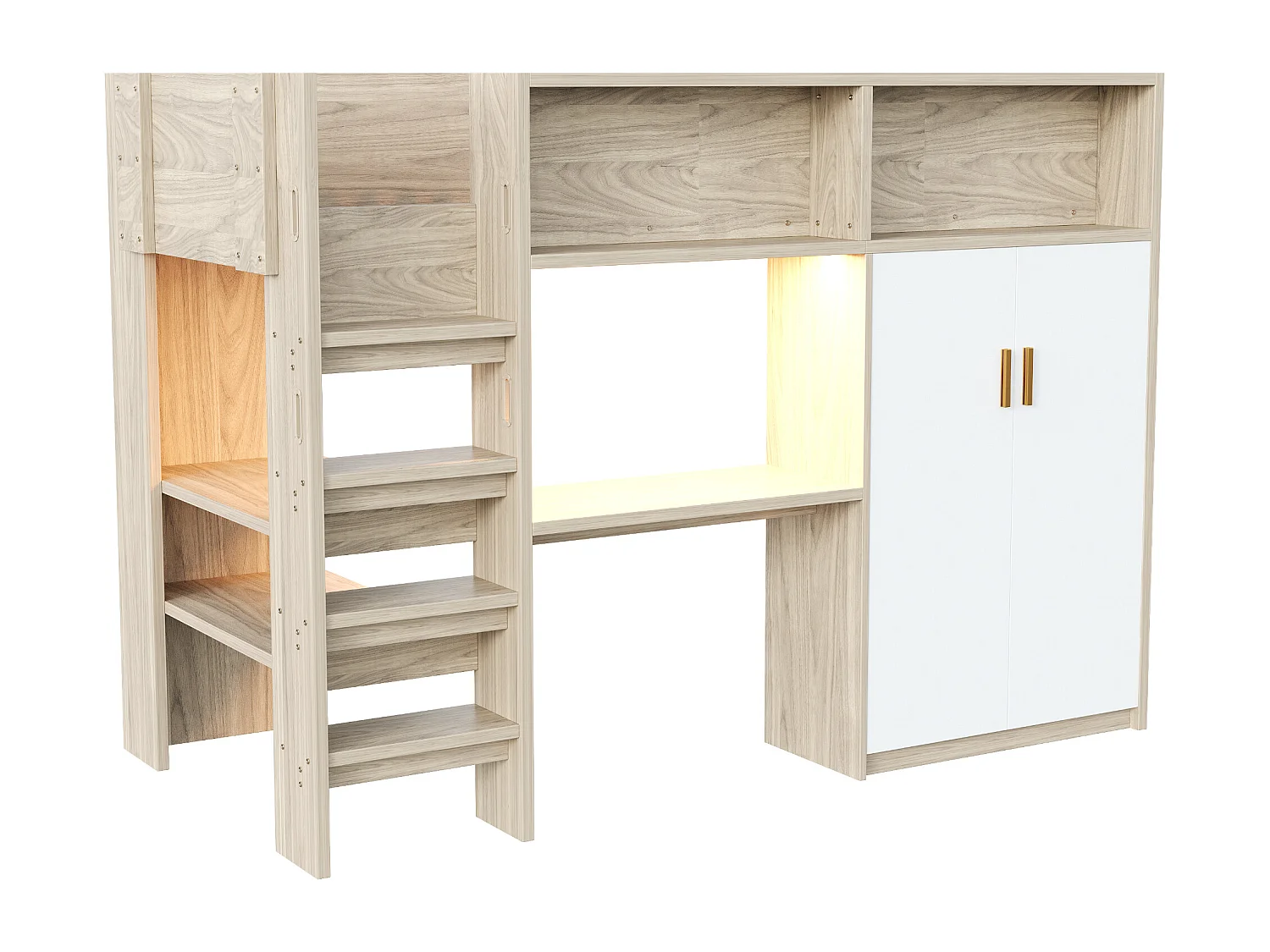 Hochbett 90 x 200 cm - mit einem Schreibtisch und einem Schrank - mit Regalen - mit LED-Beleuchtung - natur​ (Matratze nicht inbegriffen)