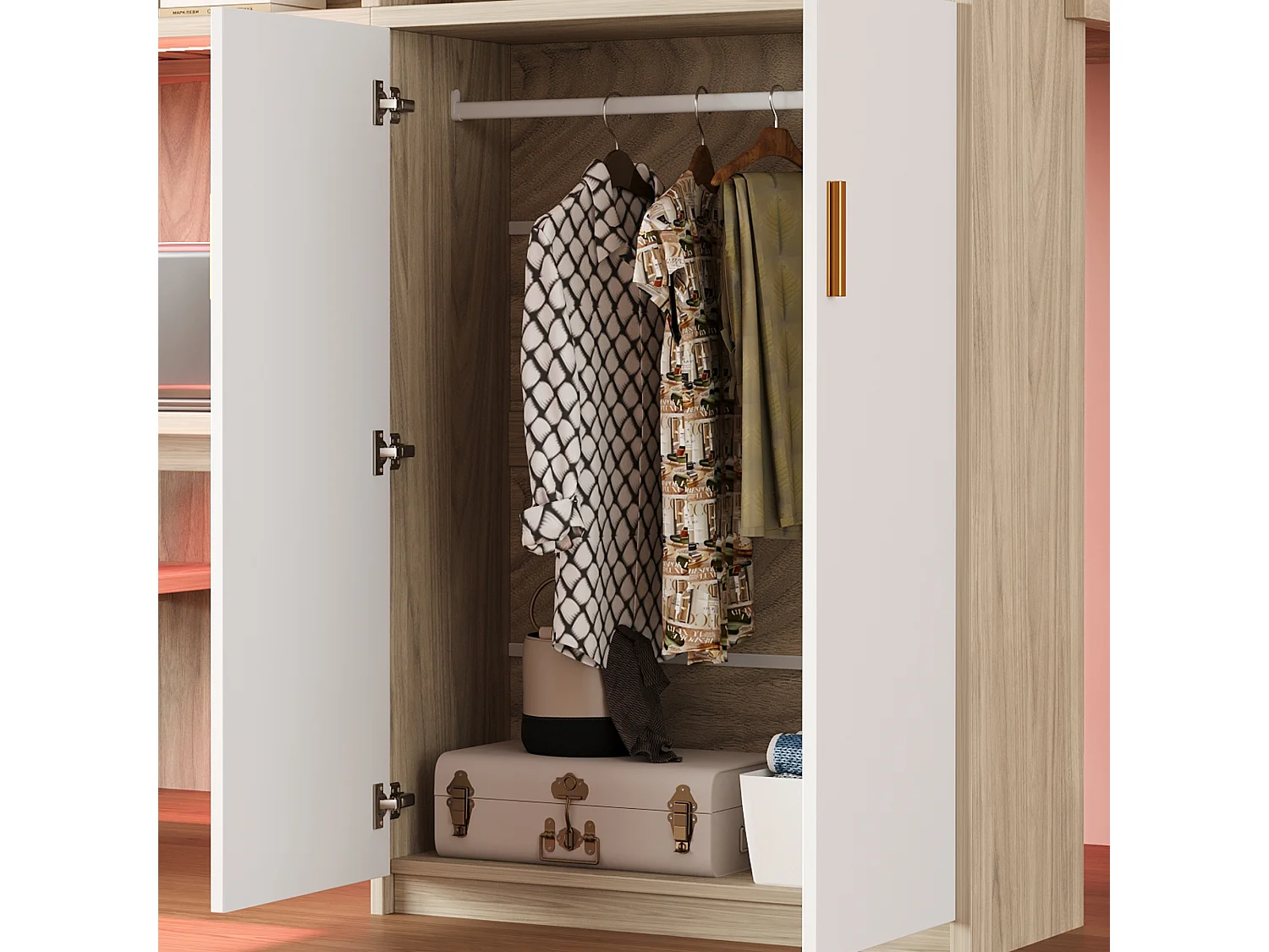 Hochbett 90 x 200 cm - mit einem Schreibtisch und einem Schrank - mit Regalen - mit LED-Beleuchtung - natur​ (Matratze nicht inbegriffen)