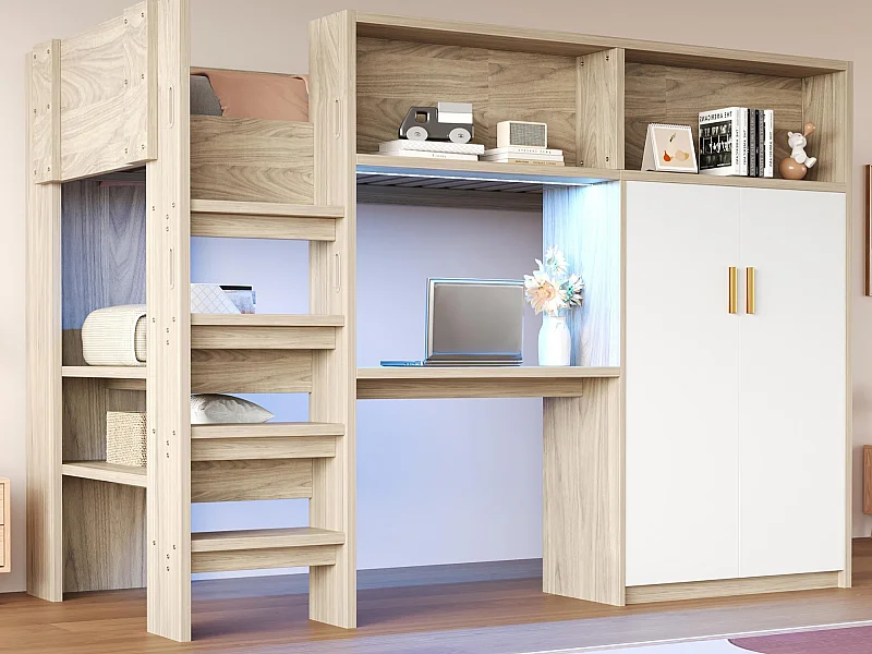 Cama altillo 90 x 200 cm - con un escritorio y un armario - con estantes - con iluminación LED - natural​ (colchón no incluido)
