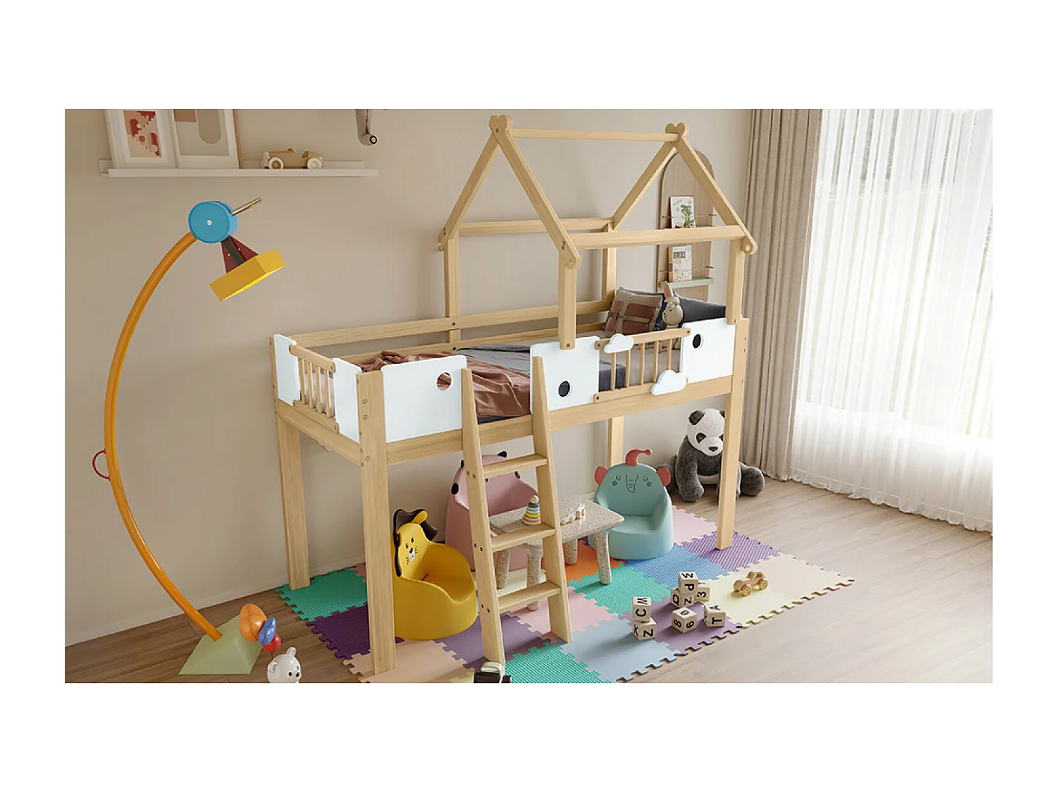 Lit mi - hauteur 90x200cm - Lit cabane enfant en bois MDF et pin - Naturel clair et blanc