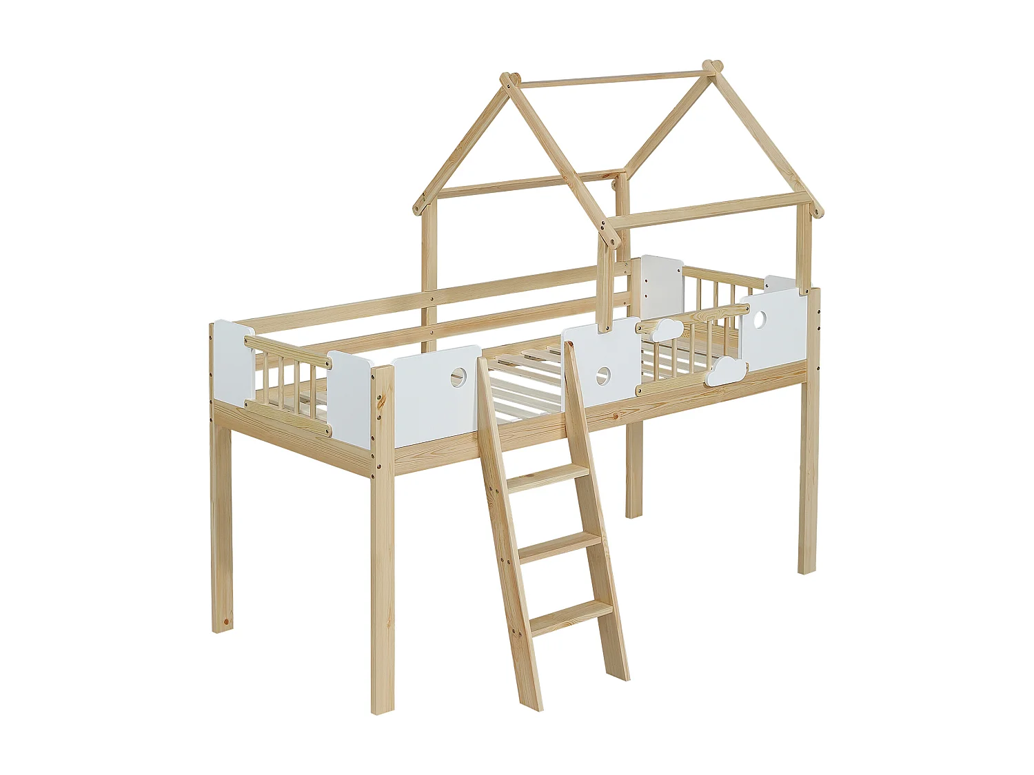 Lit mi - hauteur 90x200cm - Lit cabane enfant en bois MDF et pin - Naturel clair et blanc