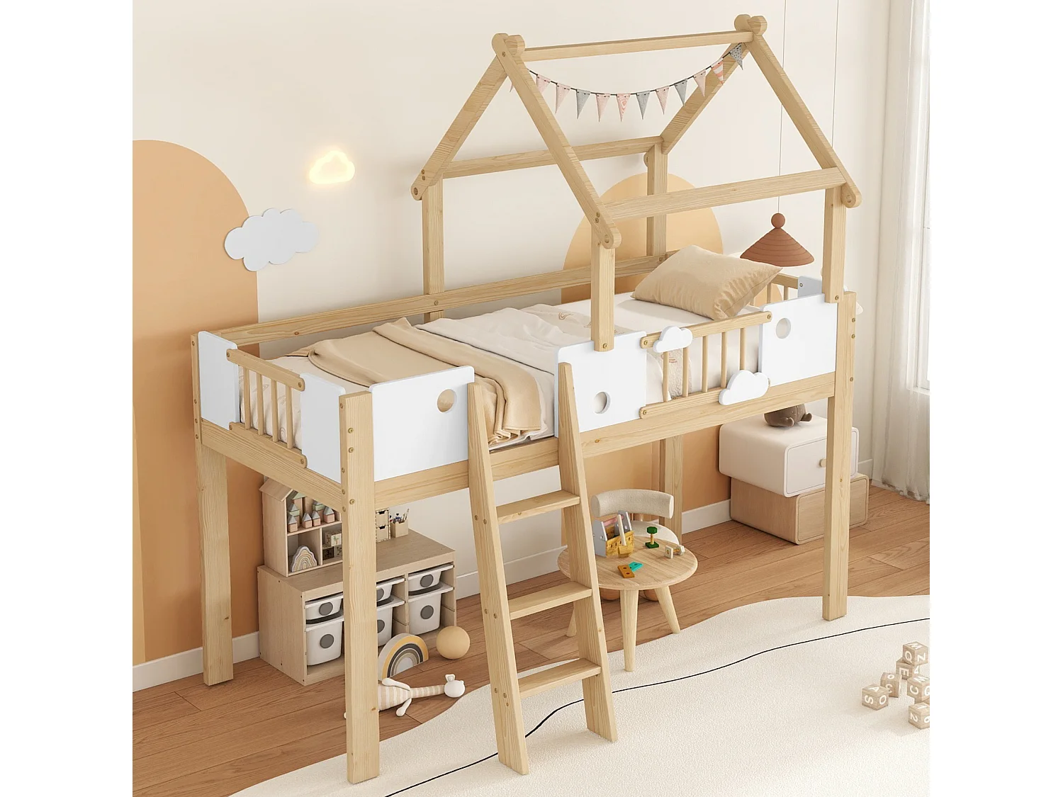 Lit mi - hauteur 90x200cm - Lit cabane enfant en bois MDF et pin - Naturel clair et blanc