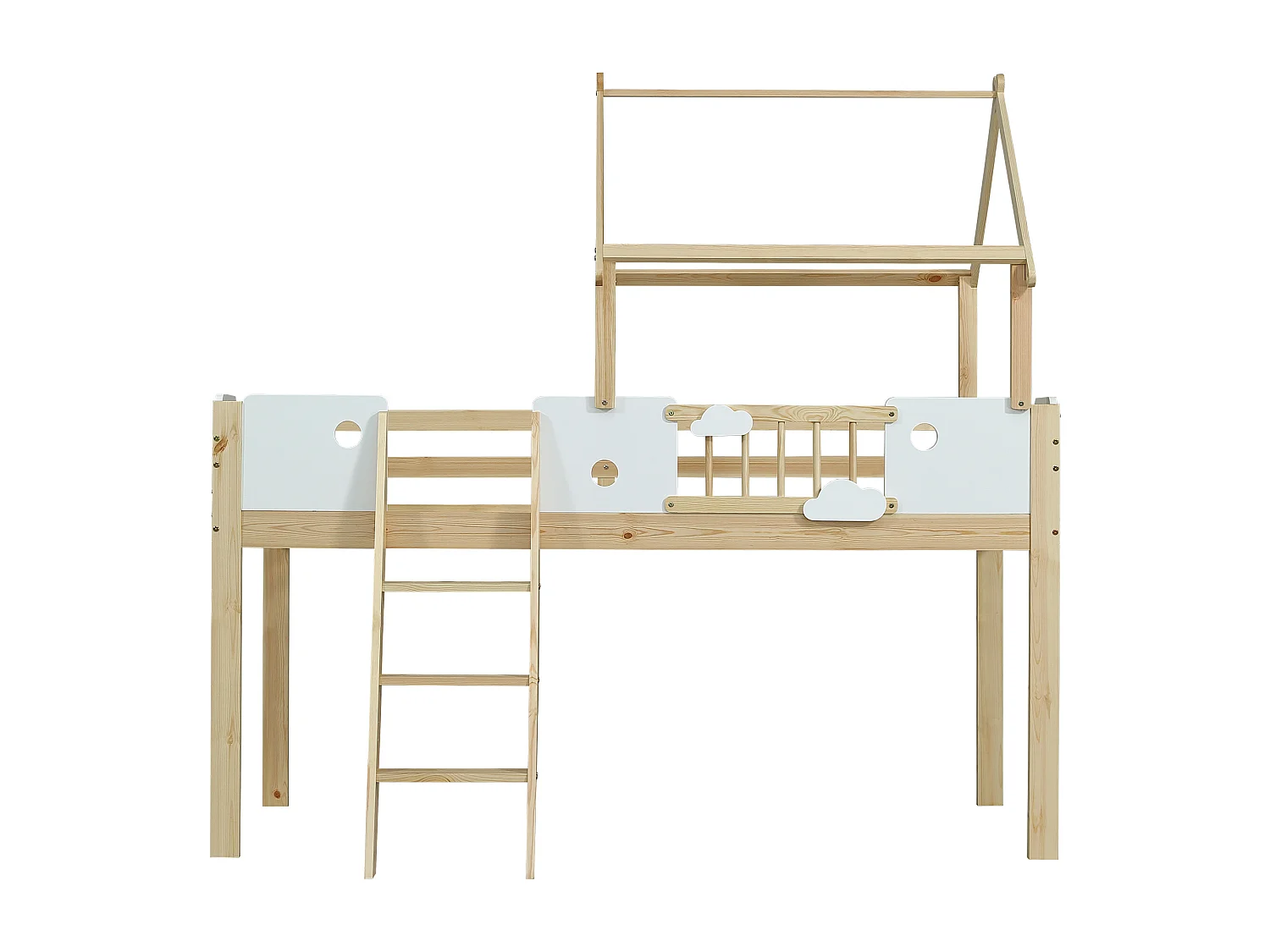 Lit mi - hauteur 90x200cm - Lit cabane enfant en bois MDF et pin - Naturel clair et blanc