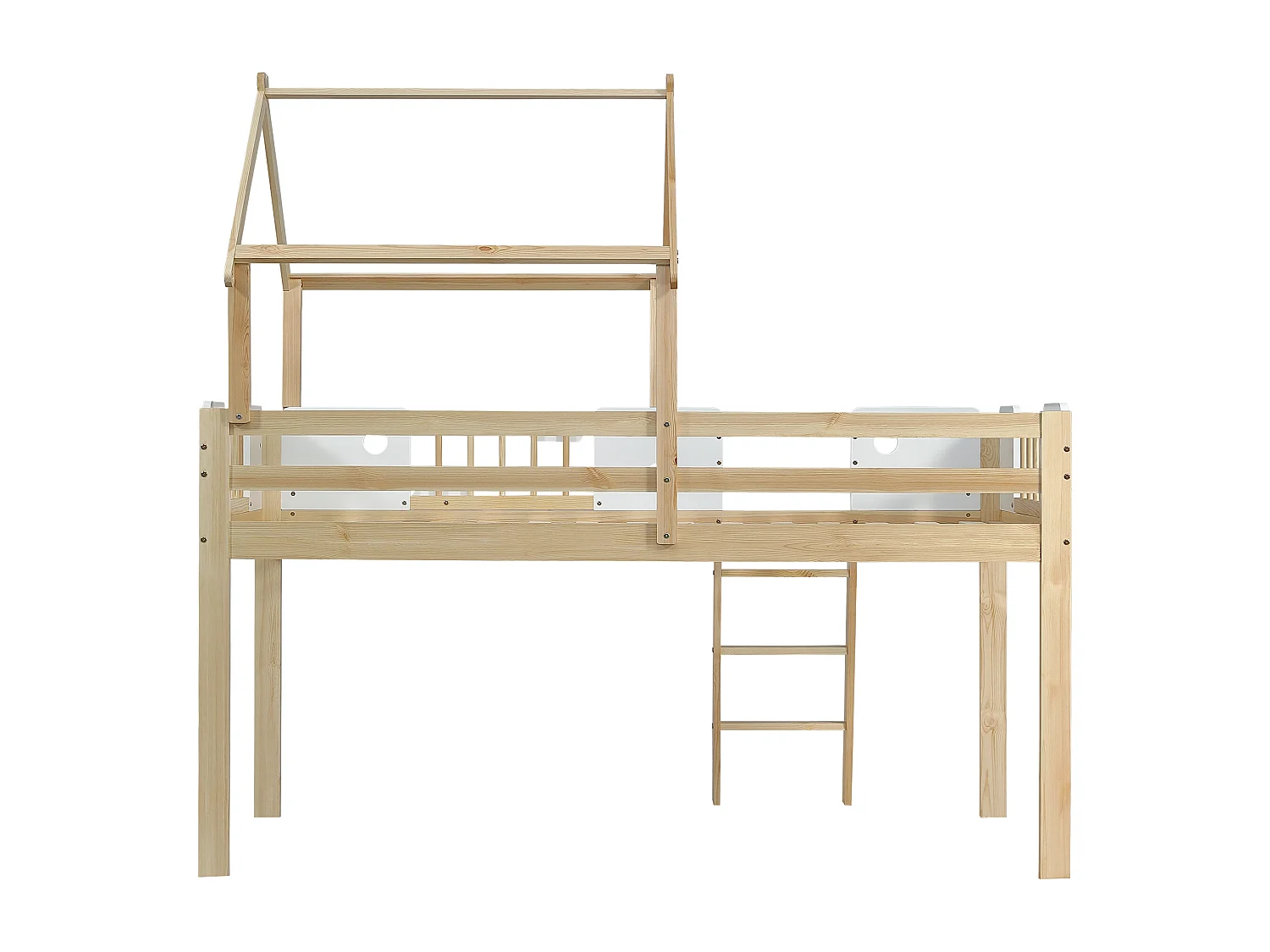 Lit mi - hauteur 90x200cm - Lit cabane enfant en bois MDF et pin - Naturel clair et blanc