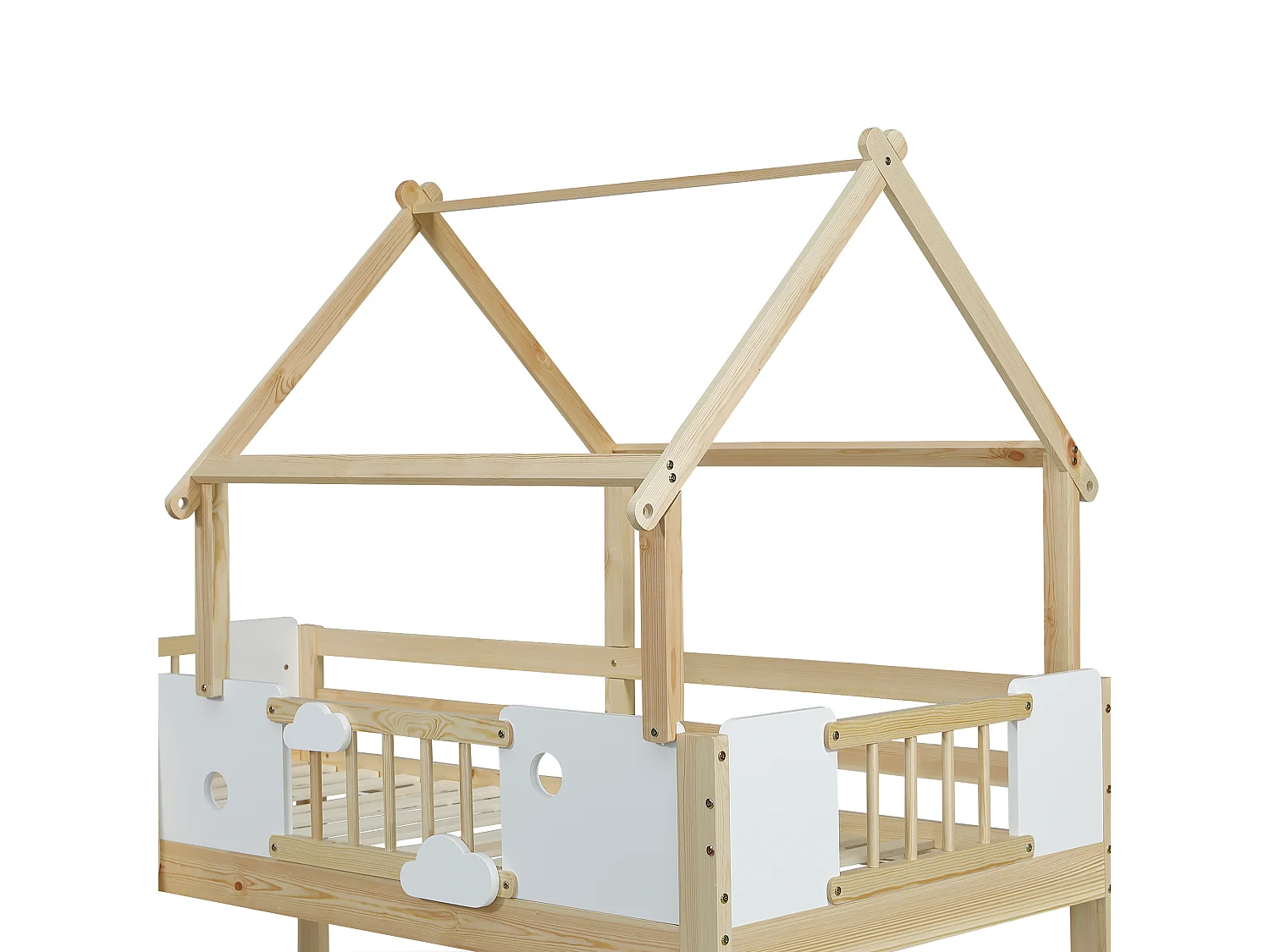 Lit mi - hauteur 90x200cm - Lit cabane enfant en bois MDF et pin - Naturel clair et blanc