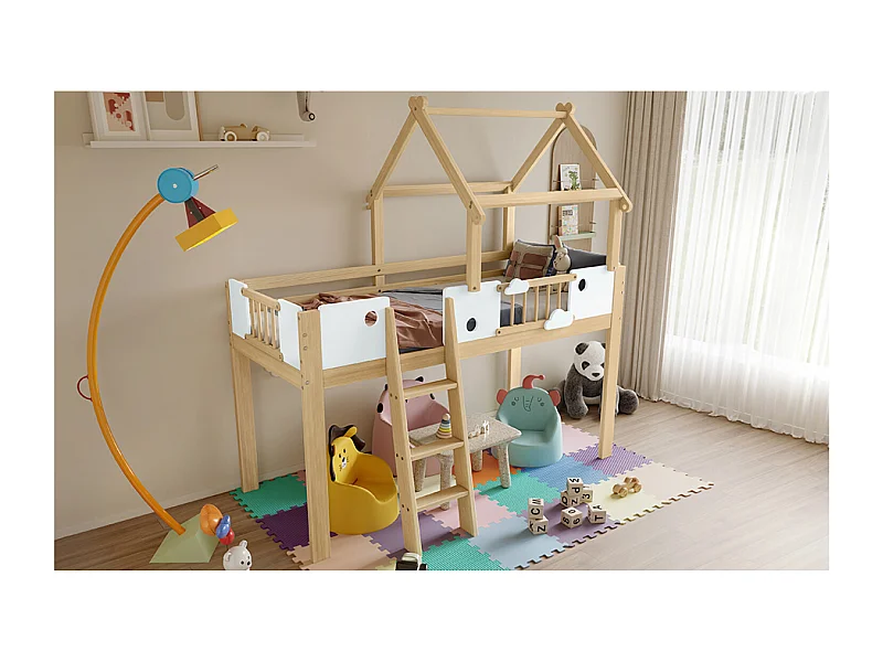 Lit mi - hauteur 90x200cm - Lit cabane enfant en bois MDF et pin - Naturel clair et blanc