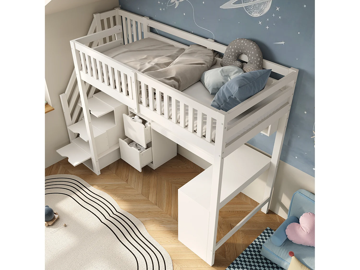 Letto soppalcato 90x200 cm - scala con riporre - con una scrivania e 2 cassetti - legno massello + pannelli di particelle - Bianco​ (senza materasso)