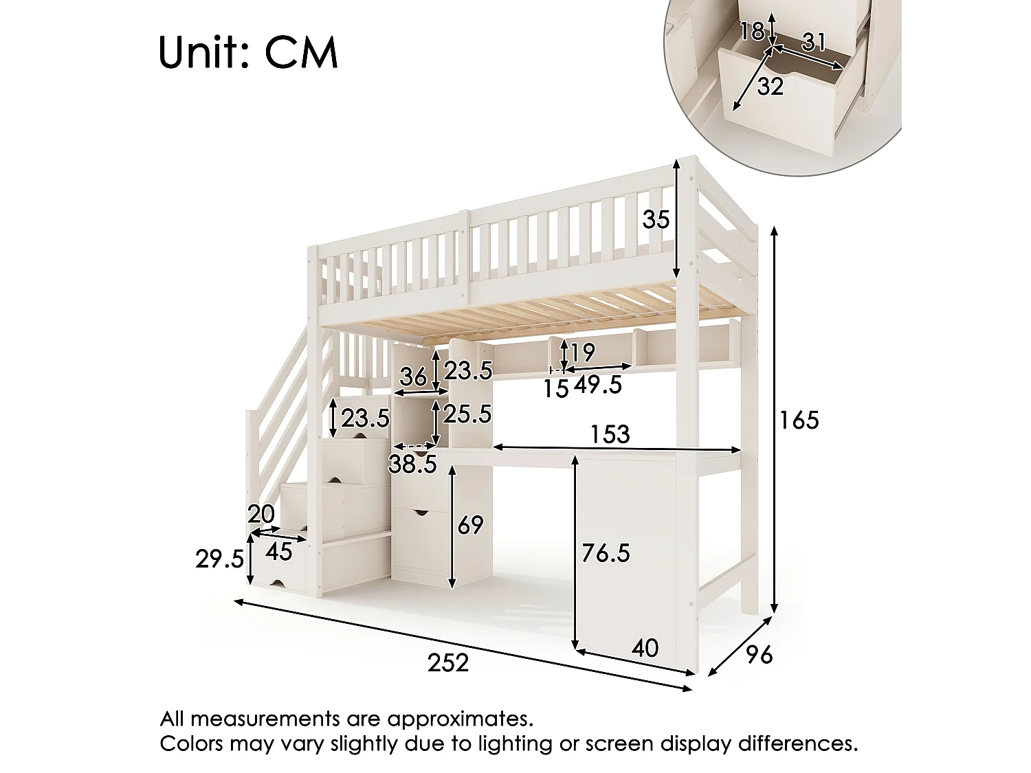 Letto soppalcato 90x200 cm - scala con riporre - con una scrivania e 2 cassetti - legno massello + pannelli di particelle - Bianco​ (senza materasso)