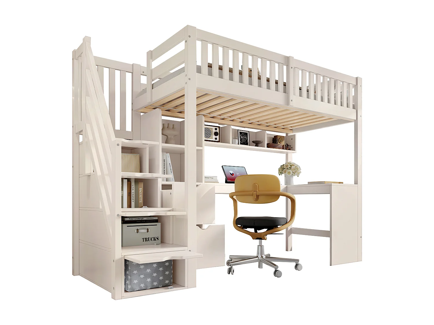 Letto soppalcato 90x200 cm - scala con riporre - con una scrivania e 2 cassetti - legno massello + pannelli di particelle - Bianco​ (senza materasso)