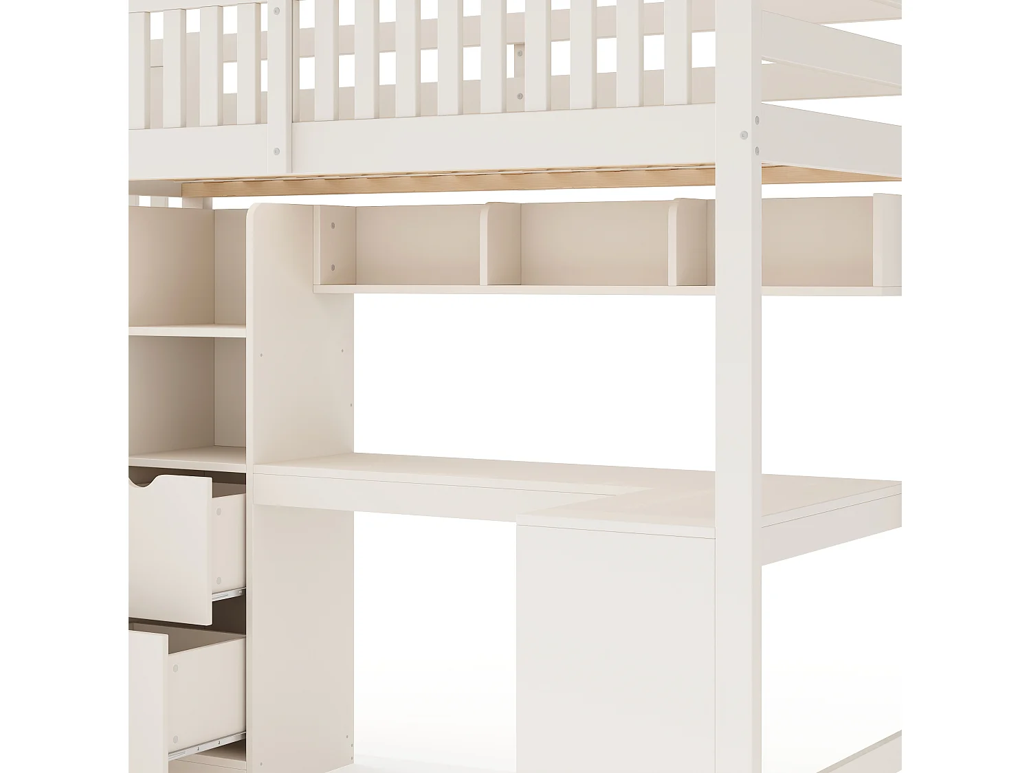 Letto soppalcato 90x200 cm - scala con riporre - con una scrivania e 2 cassetti - legno massello + pannelli di particelle - Bianco​ (senza materasso)