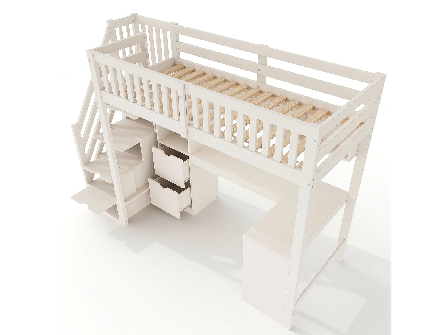 Letto soppalcato 90x200 cm - scala con riporre - con una scrivania e 2 cassetti - legno massello + pannelli di particelle - Bianco​ (senza materasso)