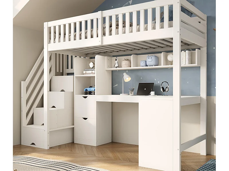 Letto soppalcato 90x200 cm - scala con riporre - con una scrivania e 2 cassetti - legno massello + pannelli di particelle - Bianco​ (senza materasso)