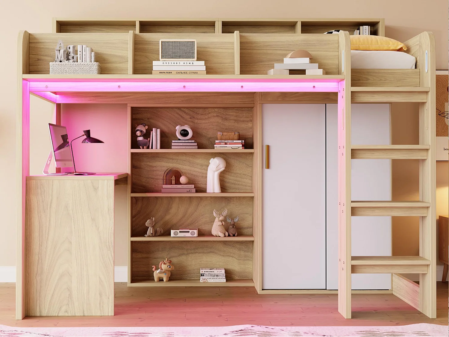 Cama altillo multifuncional 90 × 200 cm - con escritorio + armario - con iluminación LED + toma de corriente - natural​ (colchón no incluido)