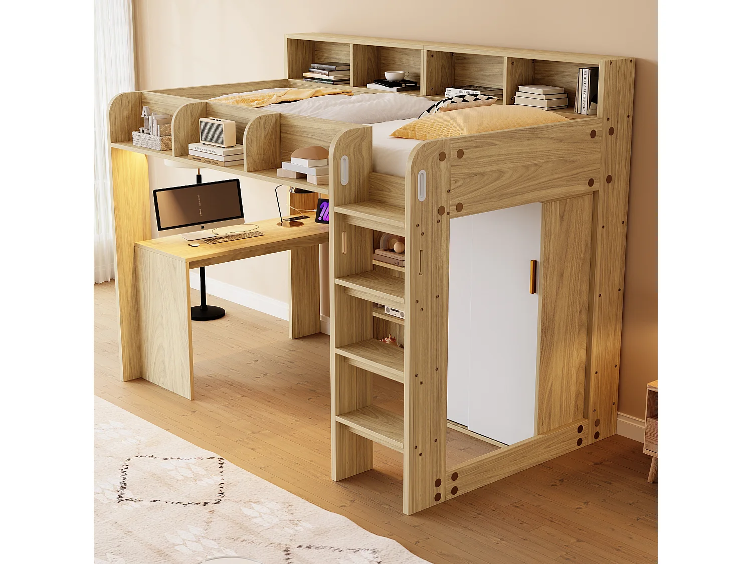 Cama altillo multifuncional 90 × 200 cm - con escritorio + armario - con iluminación LED + toma de corriente - natural​ (colchón no incluido)