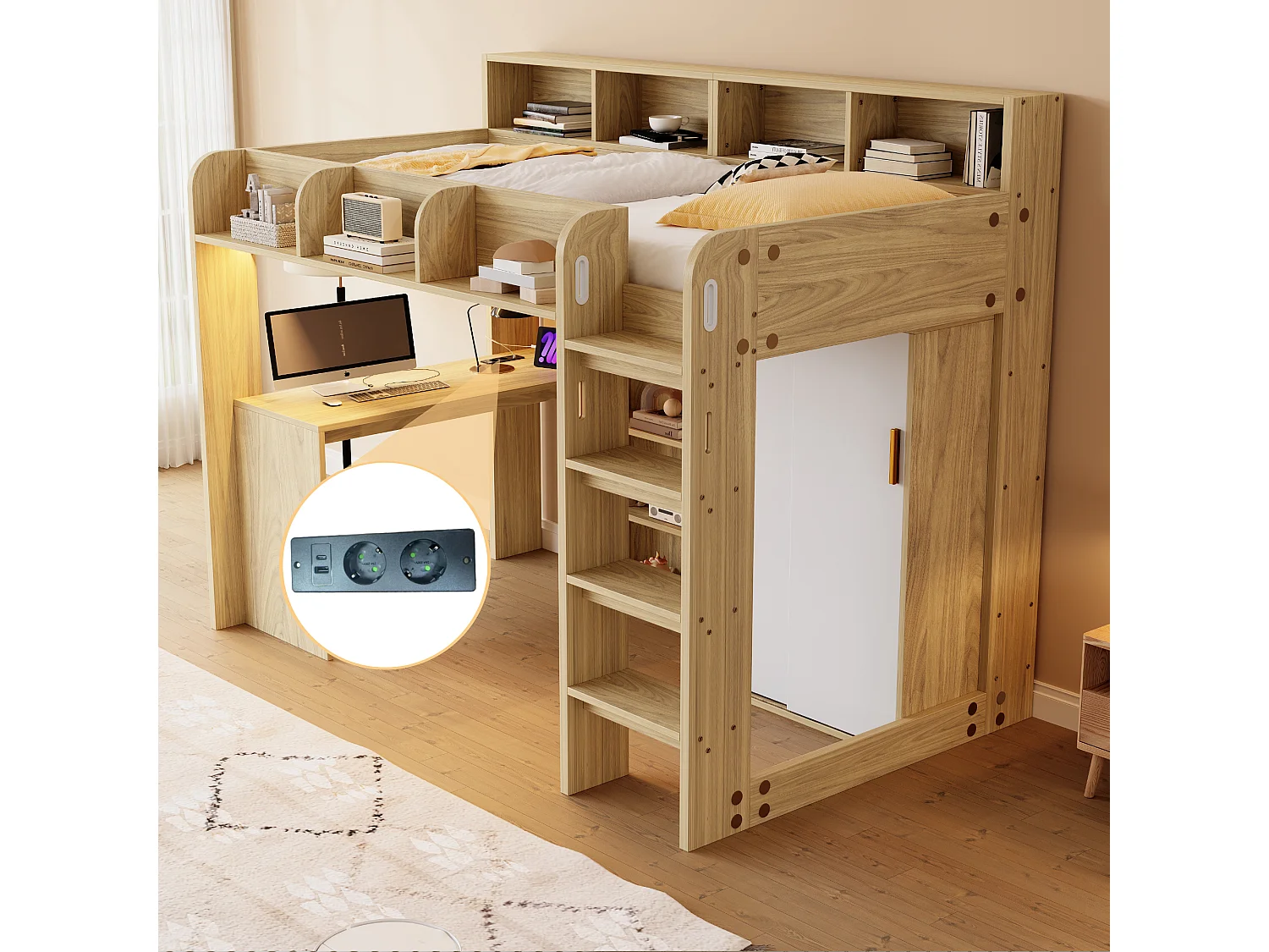 Cama altillo multifuncional 90 × 200 cm - con escritorio + armario - con iluminación LED + toma de corriente - natural​ (colchón no incluido)