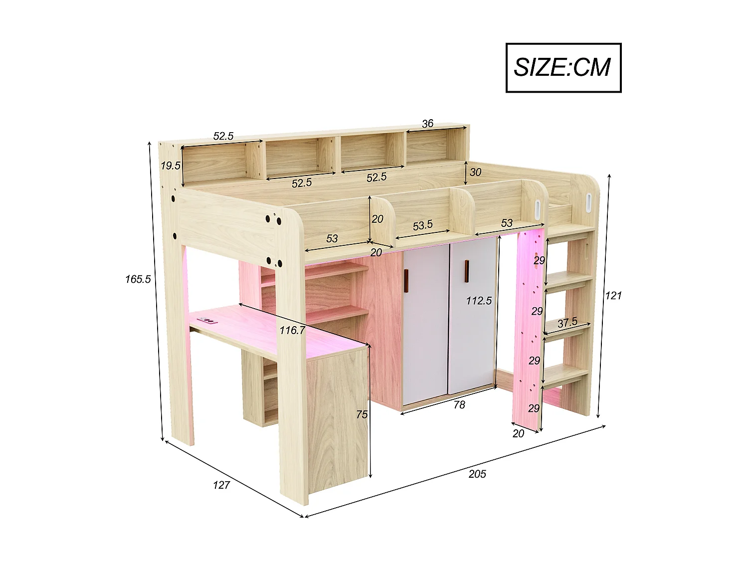 Cama altillo multifuncional 90 × 200 cm - con escritorio + armario - con iluminación LED + toma de corriente - natural​ (colchón no incluido)