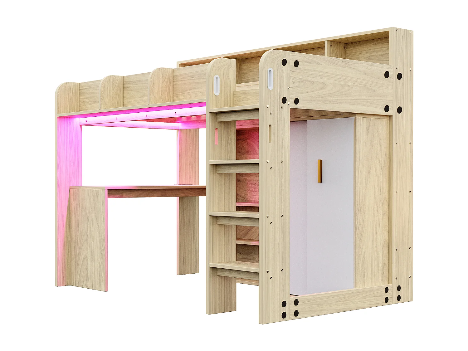 Cama altillo multifuncional 90 × 200 cm - con escritorio + armario - con iluminación LED + toma de corriente - natural​ (colchón no incluido)