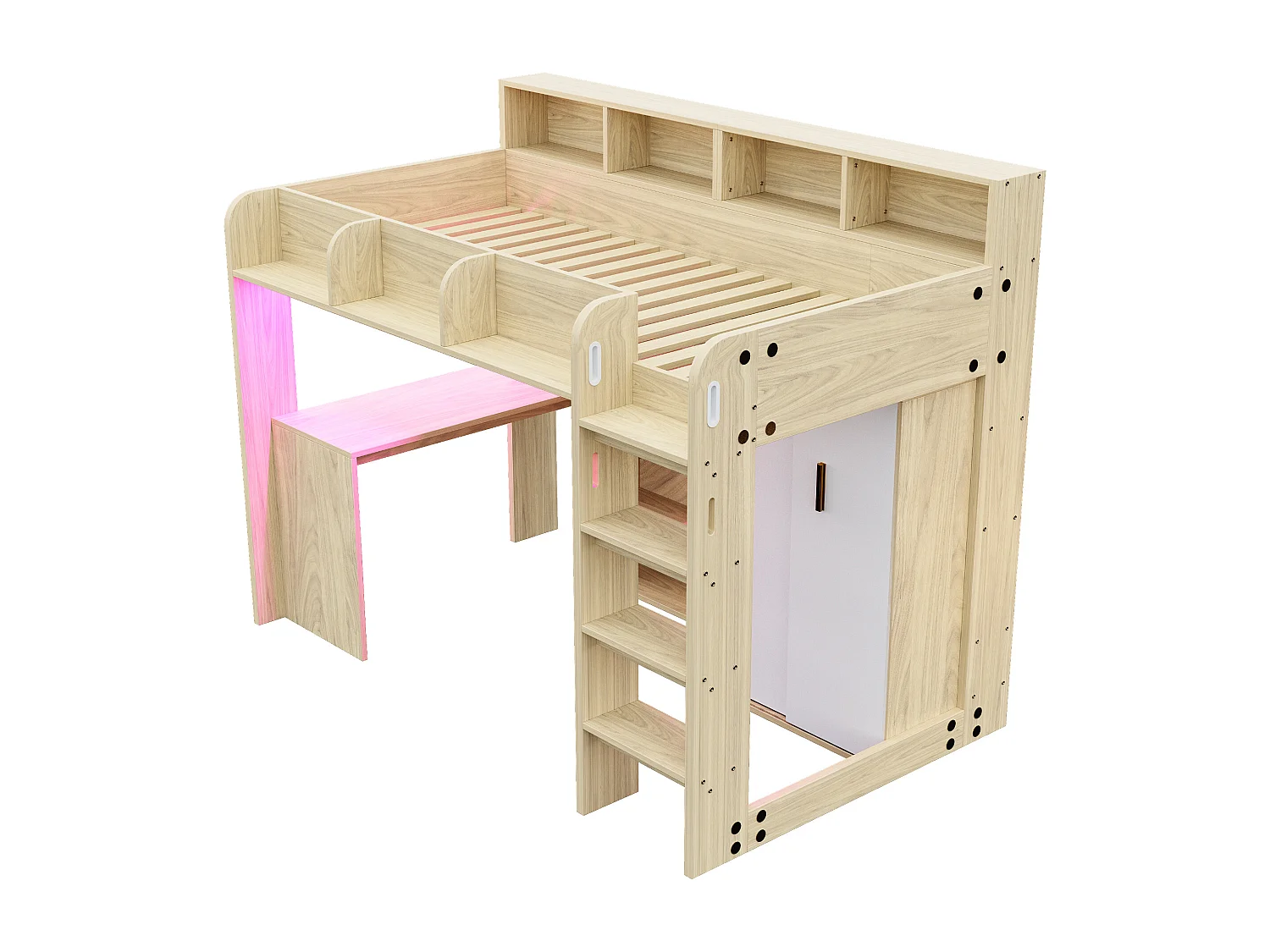 Cama altillo multifuncional 90 × 200 cm - con escritorio + armario - con iluminación LED + toma de corriente - natural​ (colchón no incluido)