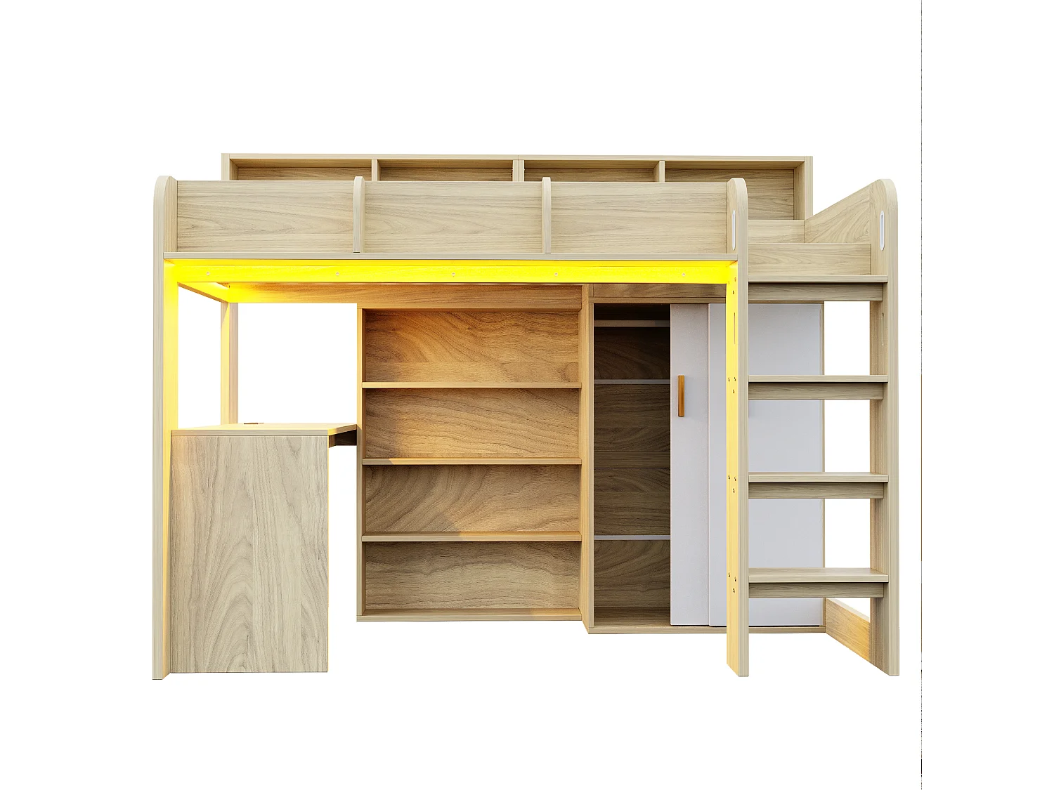 Cama altillo multifuncional 90 × 200 cm - con escritorio + armario - con iluminación LED + toma de corriente - natural​ (colchón no incluido)
