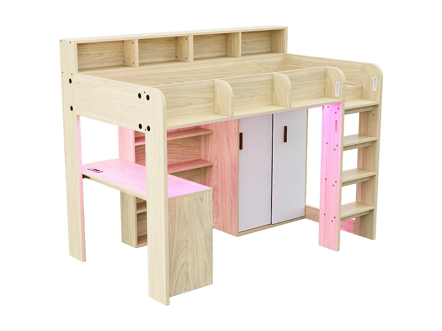 Cama altillo multifuncional 90 × 200 cm - con escritorio + armario - con iluminación LED + toma de corriente - natural​ (colchón no incluido)