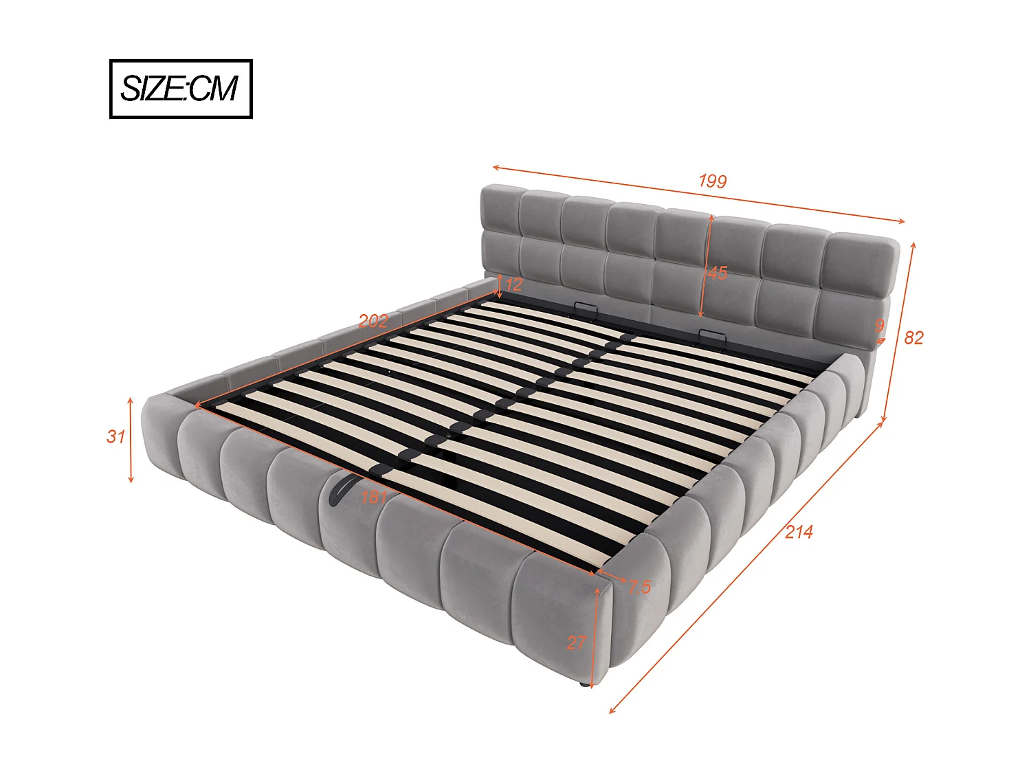 Lit coffre capitonné 180x200 cm - avec éclairage LED - Tissu velours - Gris (Matelas non inclus)