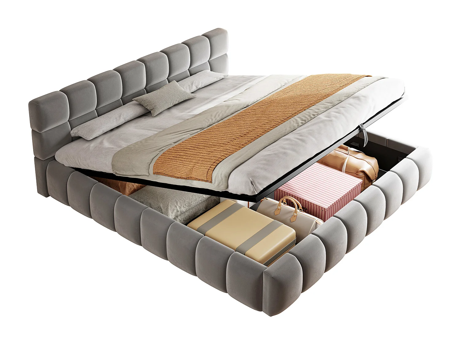 Lit coffre capitonné 180x200 cm - avec éclairage LED - Tissu velours - Gris (Matelas non inclus)