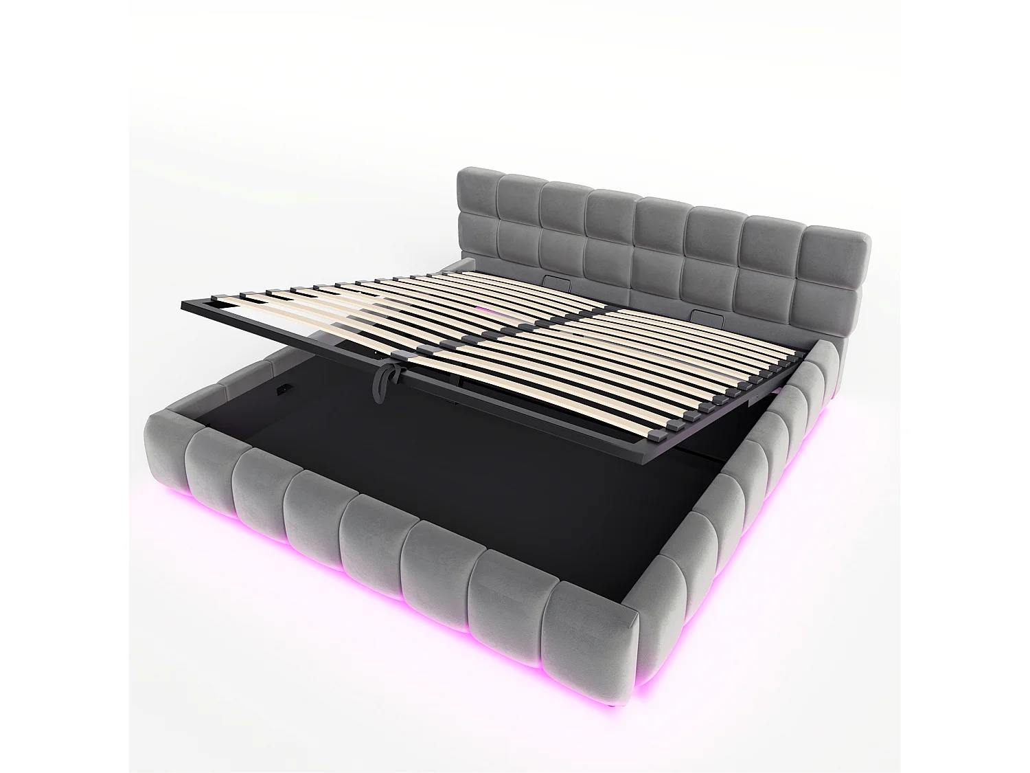 Lit coffre capitonné 180x200 cm - avec éclairage LED - Tissu velours - Gris (Matelas non inclus)