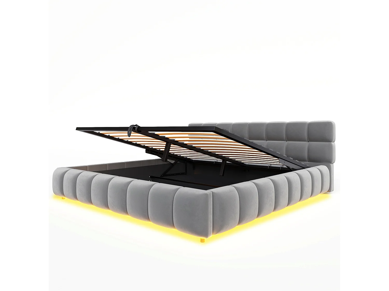 Lit coffre capitonné 180x200 cm - avec éclairage LED - Tissu velours - Gris (Matelas non inclus)