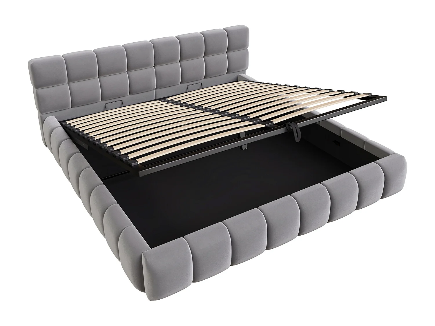 Lit coffre capitonné 180x200 cm - avec éclairage LED - Tissu velours - Gris (Matelas non inclus)